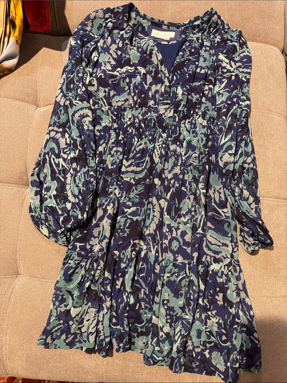 Anthropologie Navy Blue & Teal Floral Long-Sleeve Smocked dress